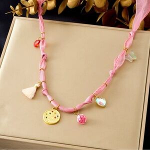 03 • Dusty Pink Organza Silk Charm Necklace with Tassel, Flower and Goddess Coin